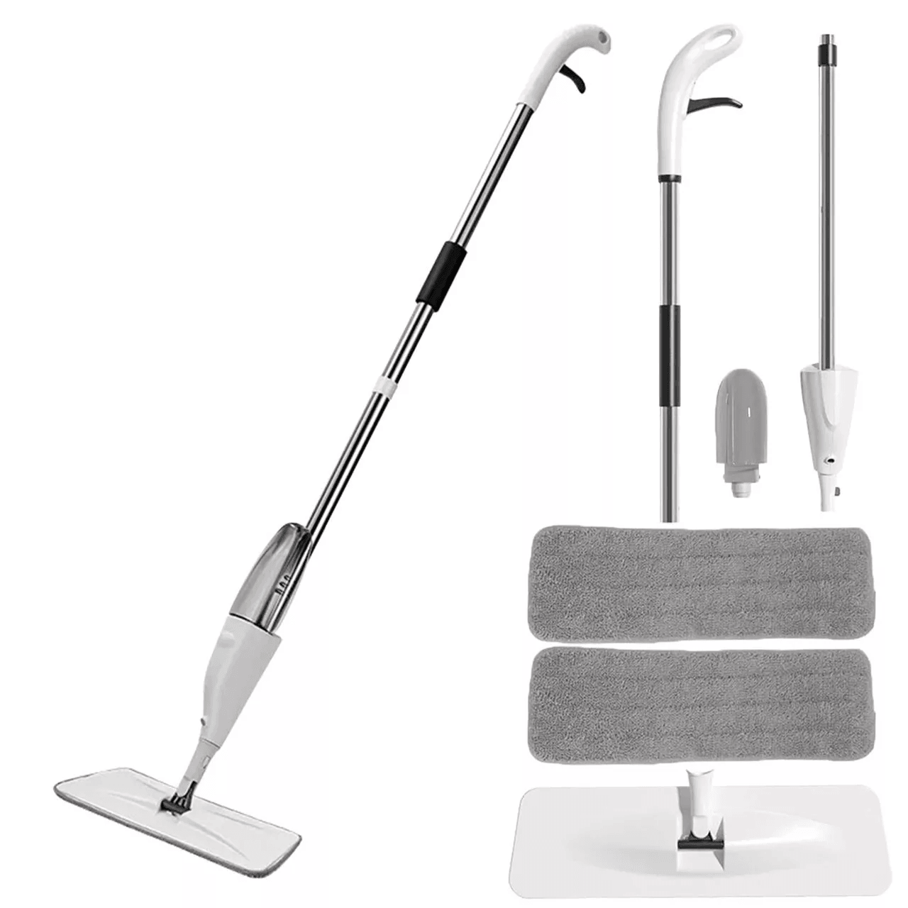 SAIMAZ spray mop set with two reusable microfiber pads on a hardwood floor
