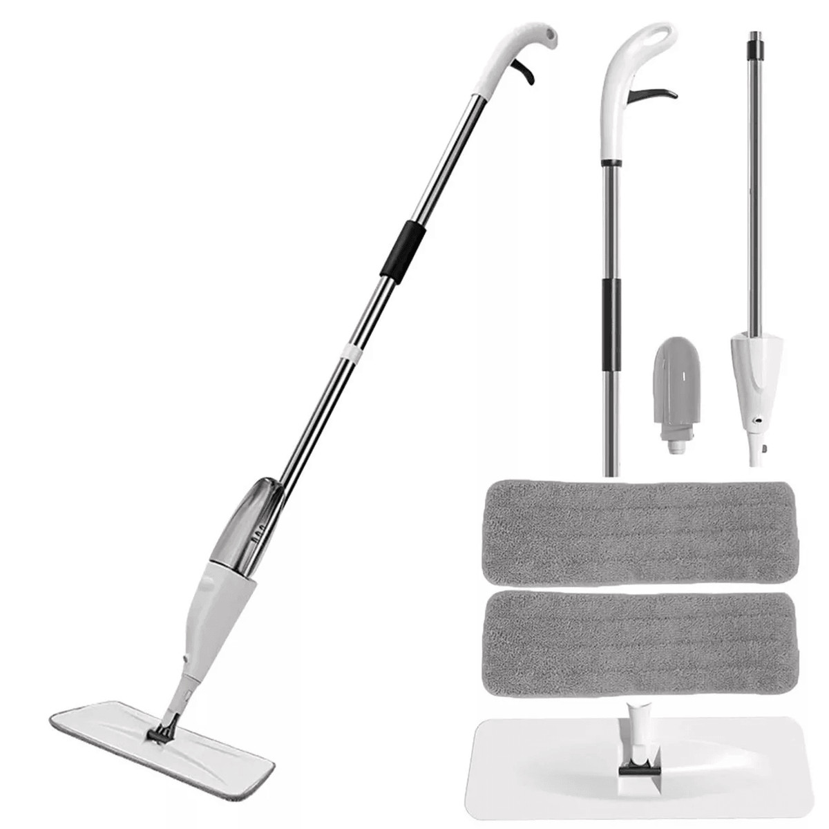 SAIMAZ spray mop set with two reusable microfiber pads on a hardwood floor